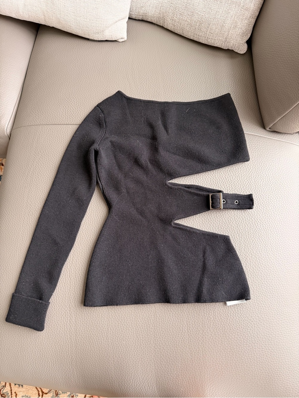 Tom Ford Asymmetrical One-Shoulder Black Knit Top with Buckle Cutouts